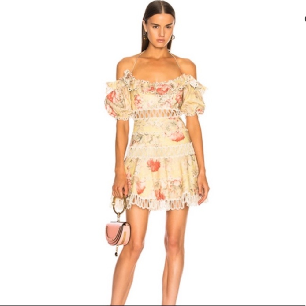 Zimmermann Floral Lace-Trim Off-Shoulder Mini Dress in Yellow and Pink